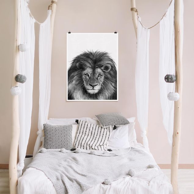 Posters svart och vitt Illustration Lion Monochrome Painting