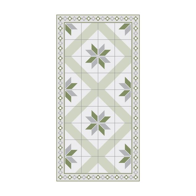 moderna mattor Geometrical Tiles Rhombic Flower Olive Green With narrow Border