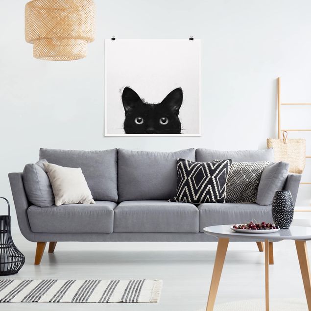 Posters svart och vitt Illustration Black Cat On White Painting