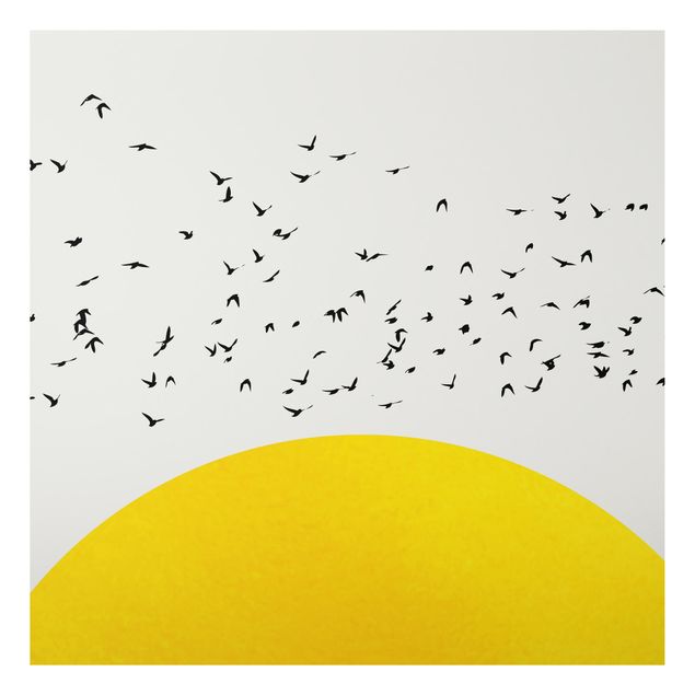 Tavlor landskap Flock Of Birds In Front Of Yellow Sun