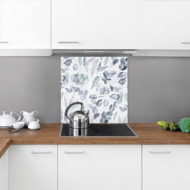 Stänkskydd kök glas blommor  Blue Watercolour Eucalyptus Leaves