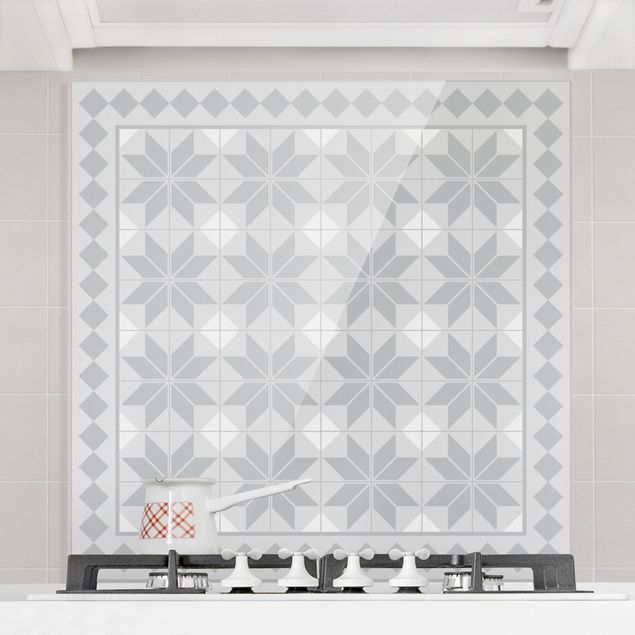 Kök dekoration Geometrical Tiles Star Flower Grey With Border