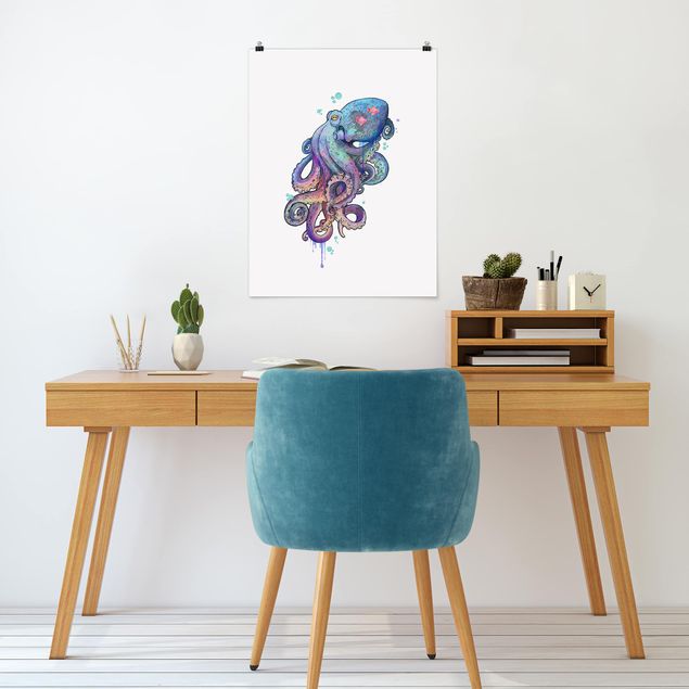 Posters konstutskrifter Illustration Octopus Violet Turquoise Painting