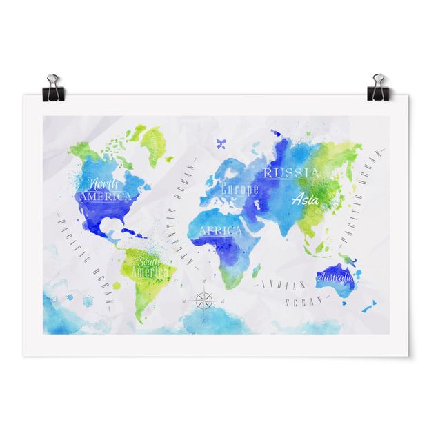 Tavlor modernt World Map Watercolour Blue Green