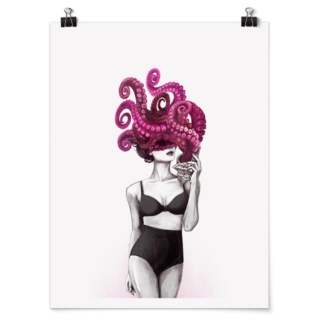 Posters konstutskrifter Illustration Woman In Underwear Black And White Octopus