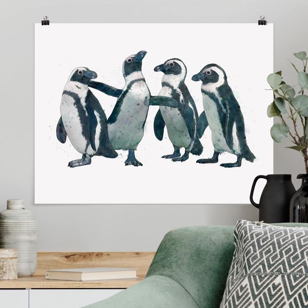 Posters svart och vitt Illustration Penguins Black And White Watercolour