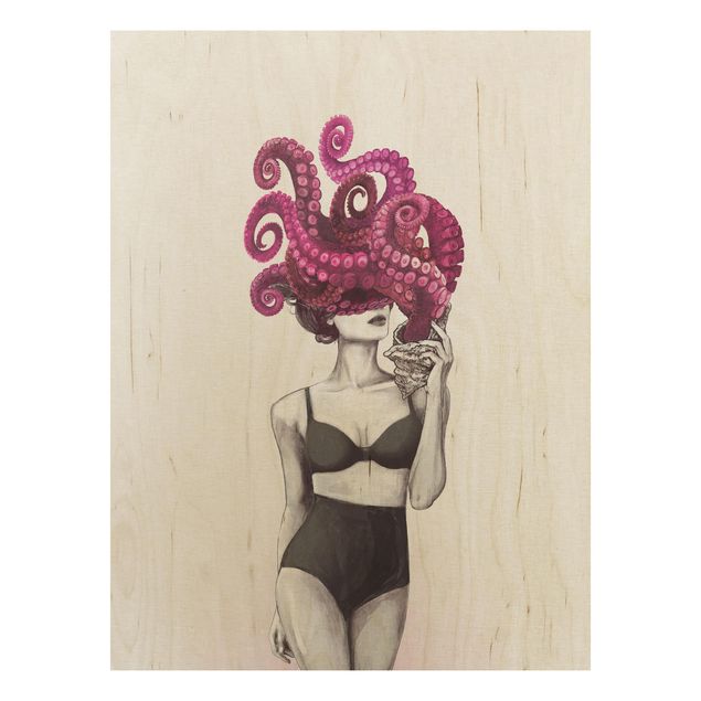 Tavlor Illustration Woman In Underwear Black And White Octopus