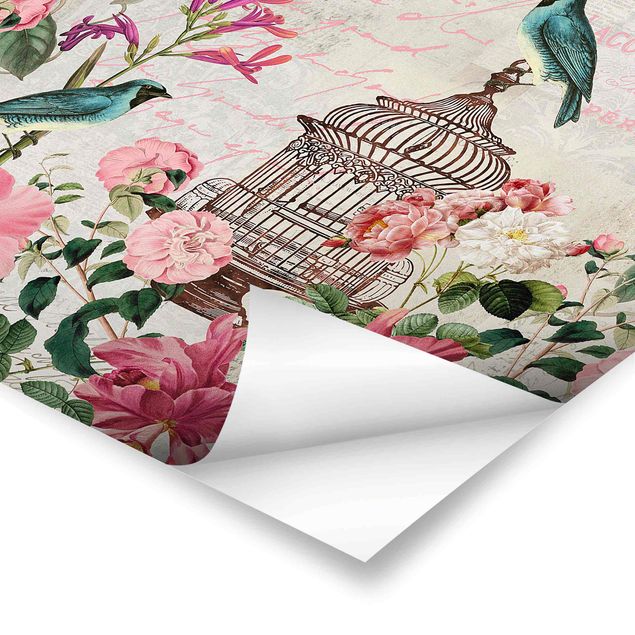Tavlor Andrea Haase Shabby Chic Collage - Pink Flowers And Blue Birds