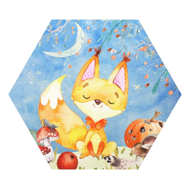 Tavlor blå Watercolor Fox In Autumn