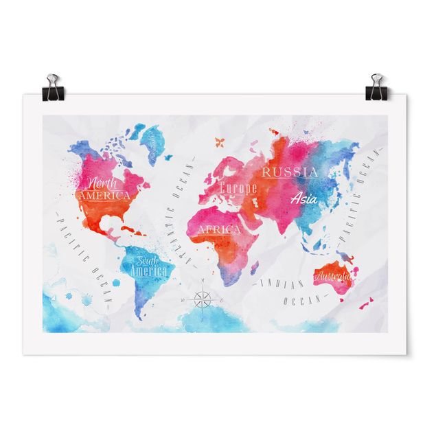 Tavlor modernt World Map Watercolour Red Blue