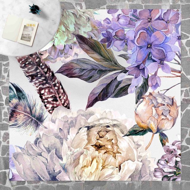 balkongmattor Delicate Watercolour Boho Flowers And Feathers Pattern