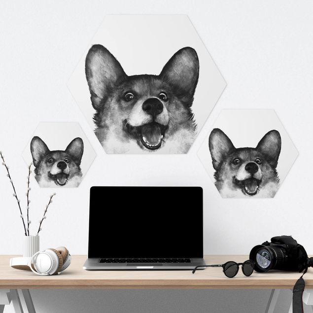 Hexagonala tavlor Illustration Dog Corgi Black And White Painting