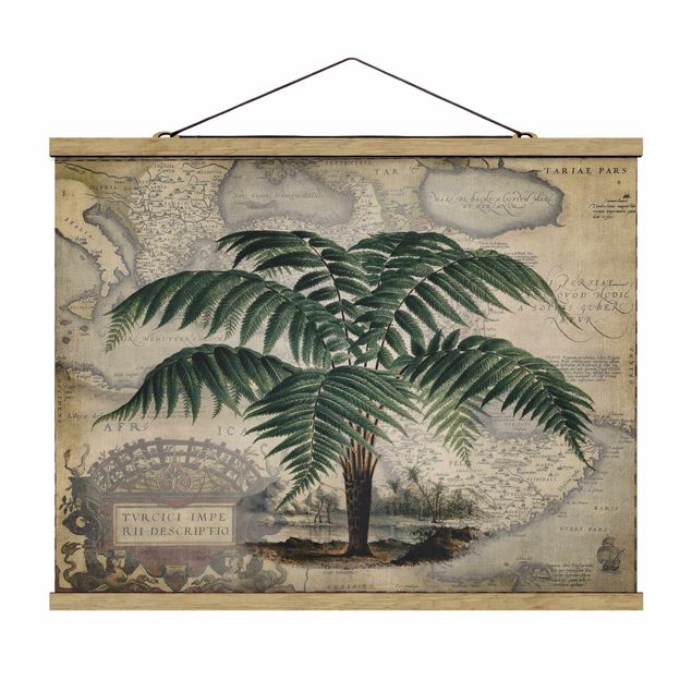 Tavlor blommor  Vintage Collage - Palm And World Map