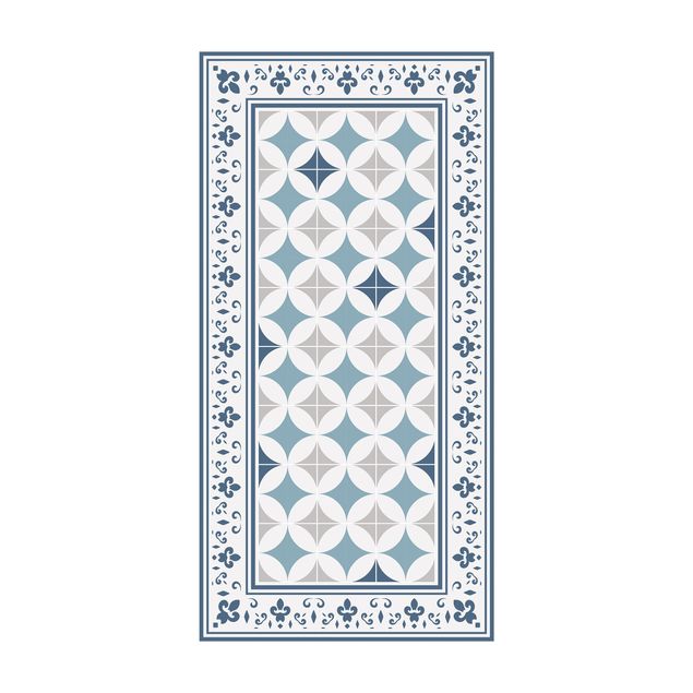 modern matta vardagsrum Geometrical Tiles Circular Flowers Dark Blue With Border