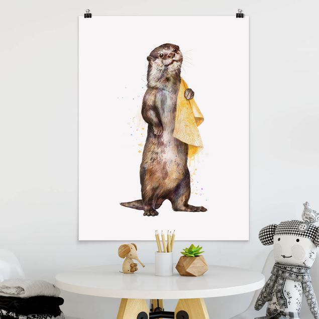 Posters konstutskrifter Illustration Otter With Towel Painting White