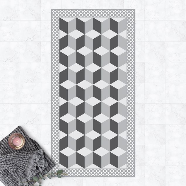 stor utomhusmatta Geometrical Tiles Illusion Of Stairs In Grey With Border