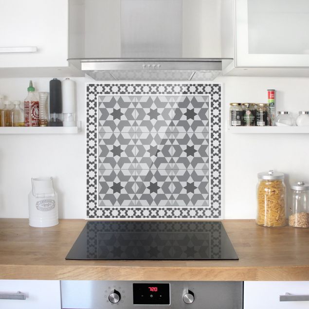 Stänkskydd kök glas mönster Geometrical Tiles Kaleidoscope grey With Border