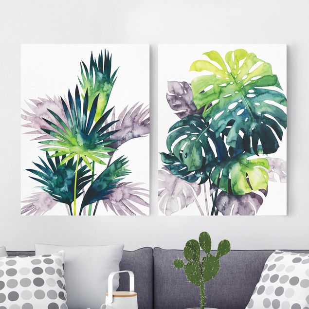 Canvastavlor blommor  Exotic Foliage - Fan Palm And Monstera Set I