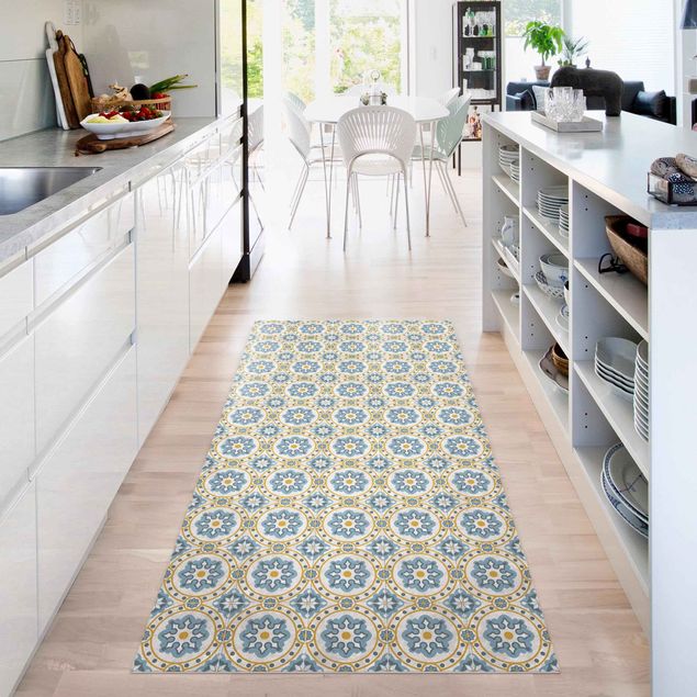 långa mattor Floral Tiles Blue Yellow