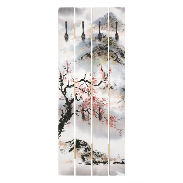 Klädhängare vägg grått Japanese Watercolour Drawing Cherry Tree And Mountains