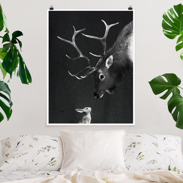 Kök dekoration Illustration Deer And Rabbit Black And White Drawing