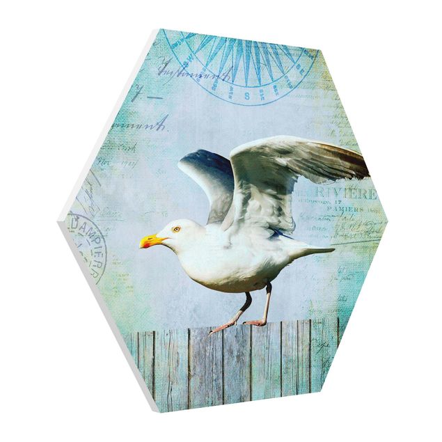 Tavlor retro Vintage Collage - Seagull On Wooden Planks