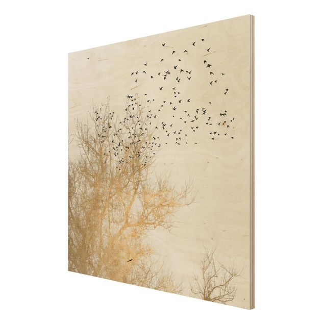 Tavlor Kubistika Flock Of Birds In Front Of Golden Tree