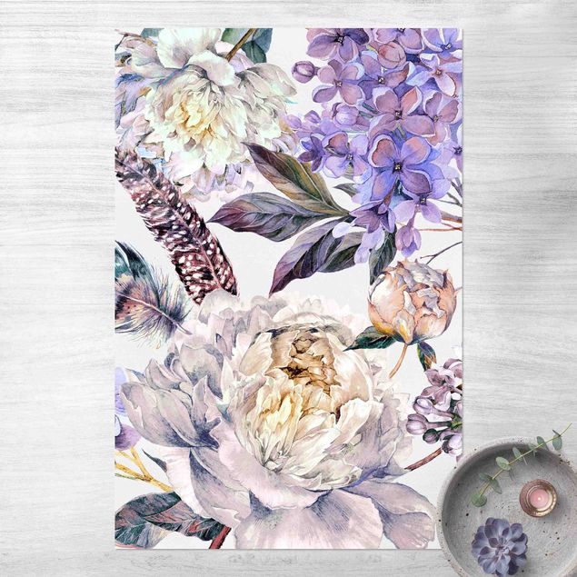 utomhusmattor Delicate Watercolour Boho Flowers And Feathers Pattern