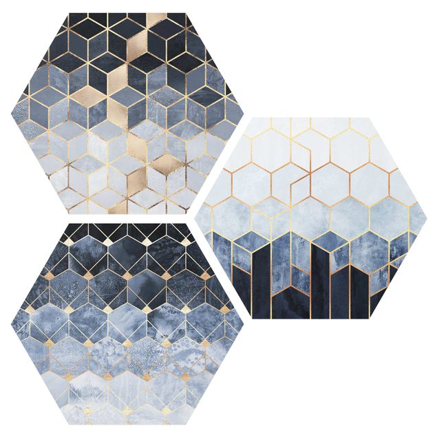 Tavlor abstrakt Blue White Golden Hexagons Set
