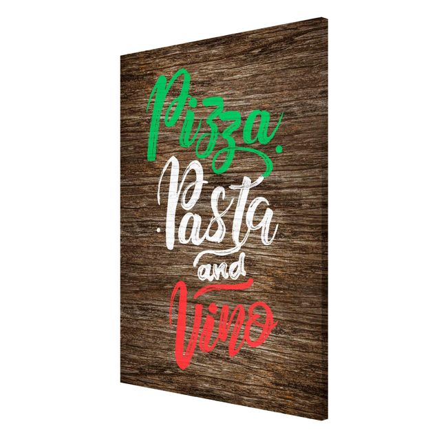 Magnettavla trälook Pizza Pasta and Vino On Wooden Board