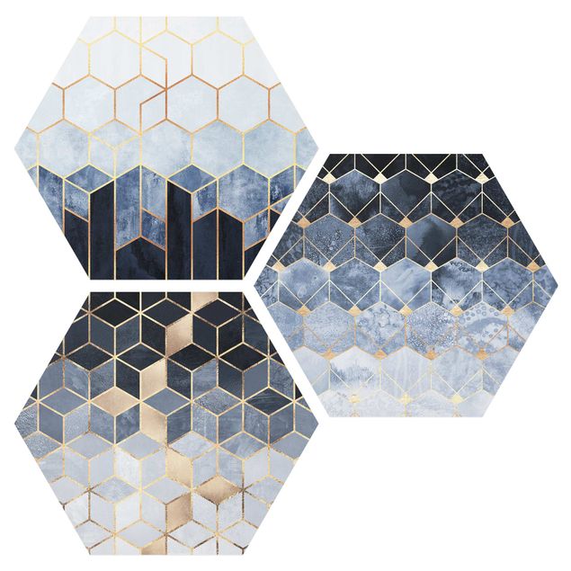 Tavlor abstrakt Blue White Golden Hexagons Set