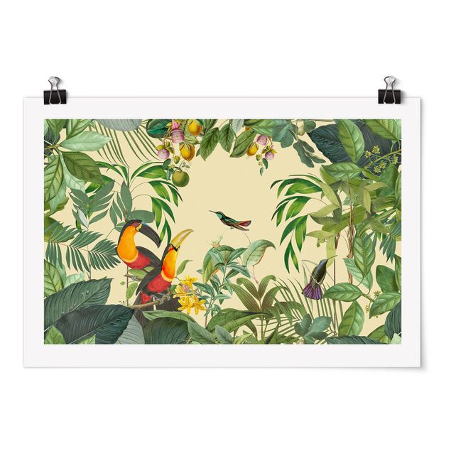 Tavlor blommor Vintage Collage - Birds In The Jungle
