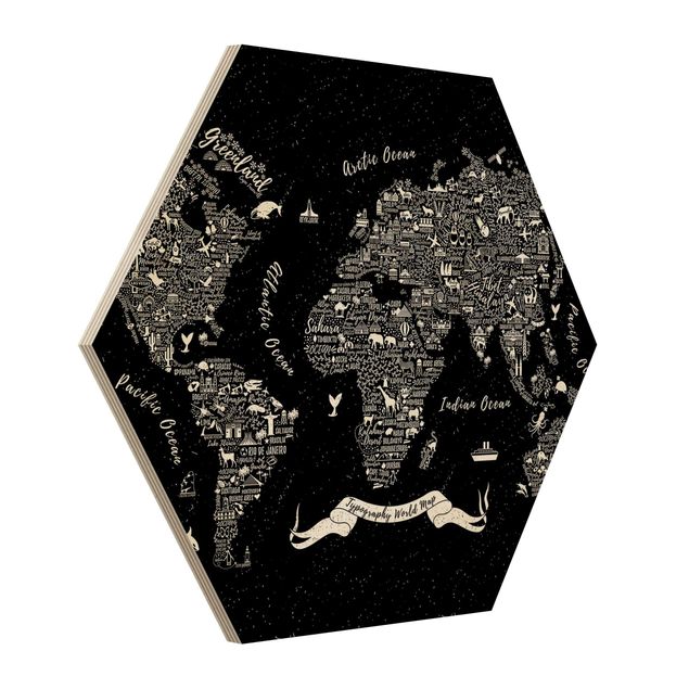 Hexagonala tavlor Typography World Map Black