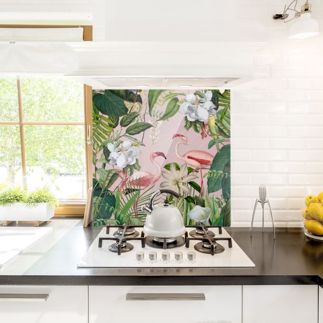 Stänkskydd kök glas blommor  Tropical Flamingos With Plants In Pink