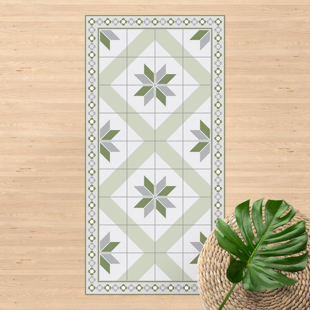 balkongmattor Geometrical Tiles Rhombic Flower Olive Green With narrow Border