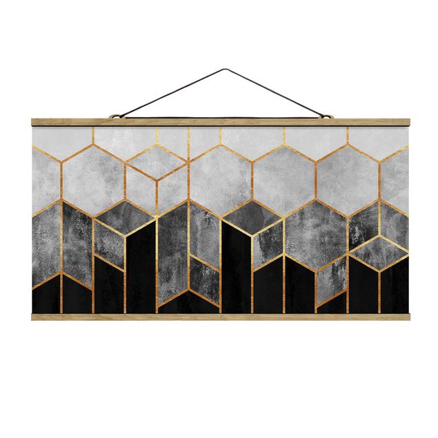 Tavlor abstrakt Golden Hexagons Black And White