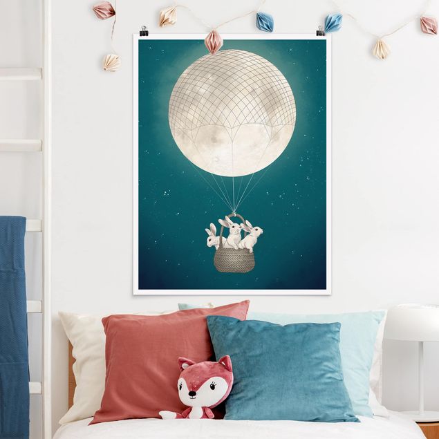 Posters konstutskrifter Illustration Rabbits Moon As Hot-Air Balloon Starry Sky