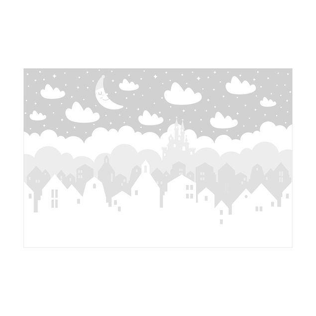 stora mattor Starry Sky With Houses And Moon In Grey