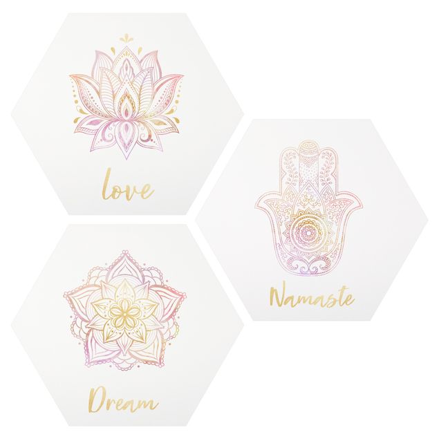 Tavlor andlig Mandala Namaste Lotus Set Gold Light Pink