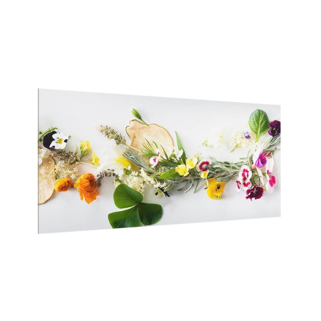 Stänkskydd kök glas kryddor och örter Fresh Herbs With Edible Flowers