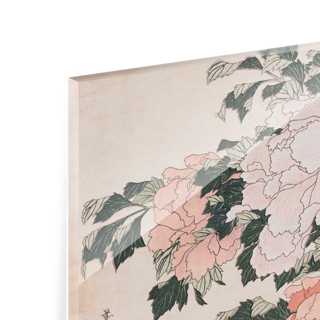 stänkskydd kök glas Katsushika Hokusai - Pink Peonies With Butterfly