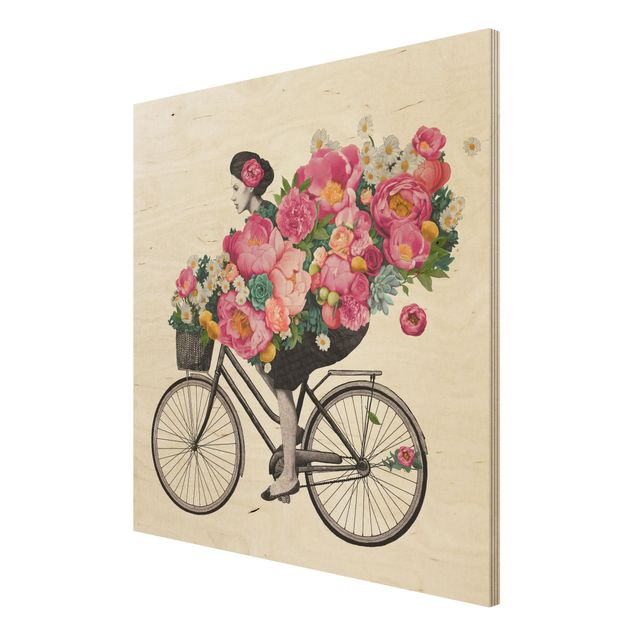 Trätavlor blommor  Illustration Woman On Bicycle Collage Colourful Flowers