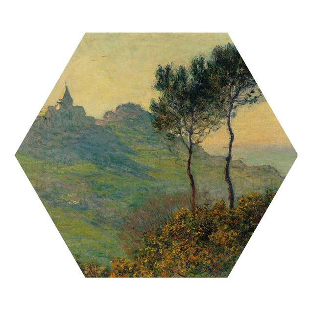 Trätavlor landskap Claude Monet - The Church Of Varengeville At Evening Sun