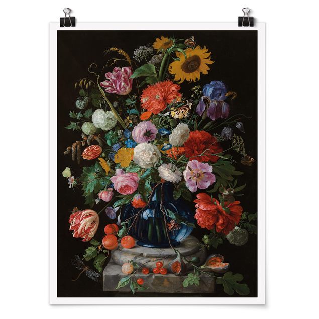 Posters blommor  Jan Davidsz de Heem - Tulips, a Sunflower, an Iris and other Flowers in a Glass Vase on the Marble Base of a Column