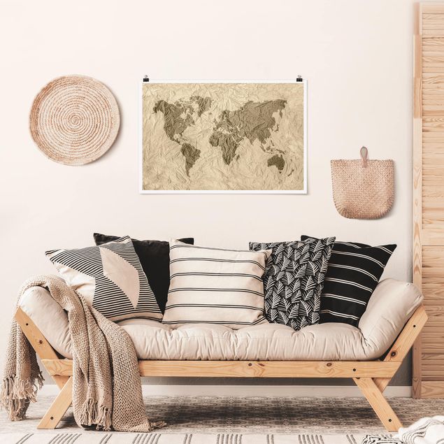 Posters världskartor Paper World Map Beige Brown