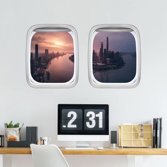 Autocolantes de parede metrópoles Aircraft Window Sunrise In Shanghai