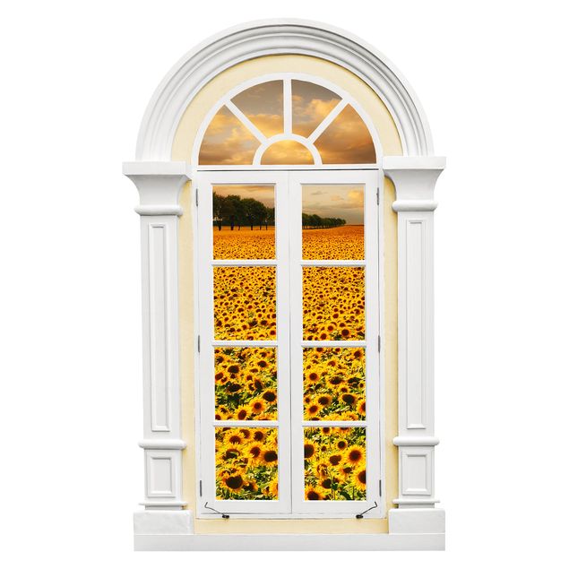 Autocolantes de parede 3D Mediterranean Field Window With Sunflowers