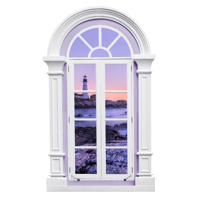 Autocolantes de parede 3D Window Mediterranean Lighthouse In The Morning