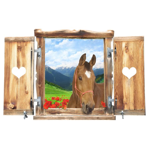 Wallstickers blommor  Window With Heart And Horse Alpine Meadow