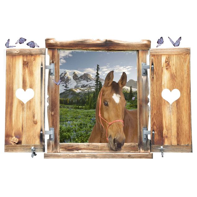 Autocolantes de parede 3D Window With Heart And Horse Mountains Meadow Path
